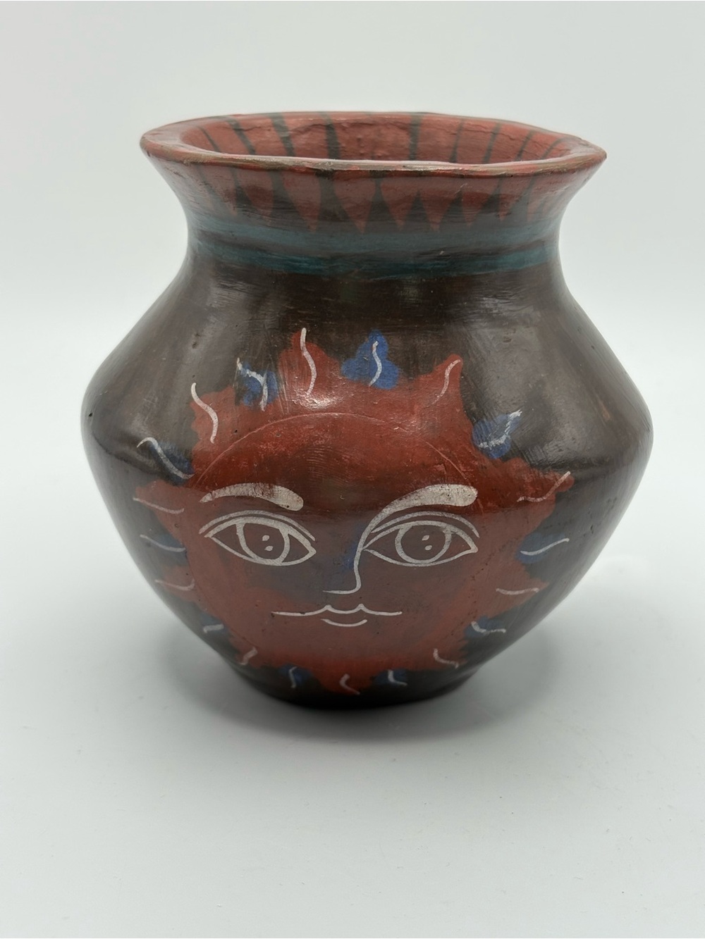 Angel  Ortiz Mexican Artist Pottery Pot Vase Sun Folk Art Signed 4.5 Inch READ